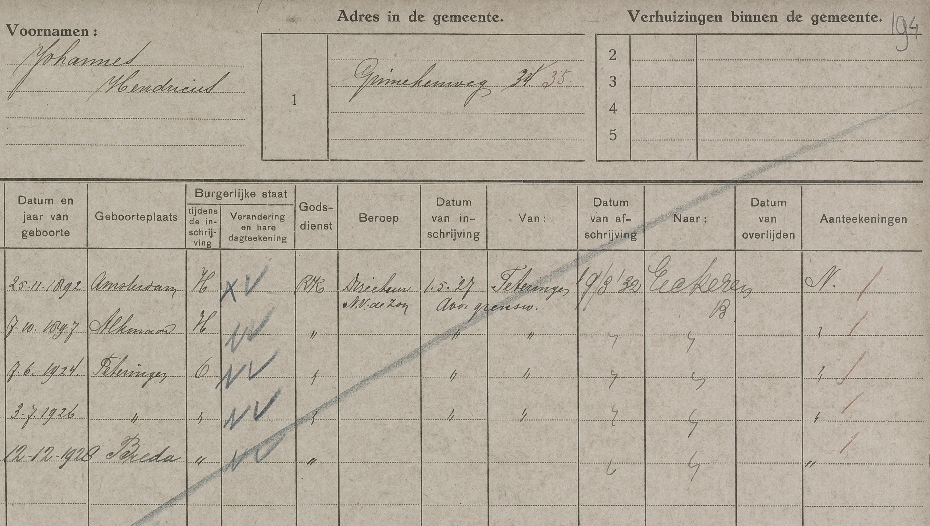  - bevolkingsregister Breda 1923-1937 -  Johannes Hendricus Witte en Maria Lucia Anna Berentzen (deel 3)